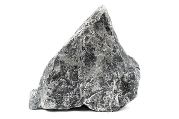 Dark grey single nature stone of a different form isolated on a white background. Big granite raised rock. Front view. With soft shadow. Uneven shape. Building resource. Raw.