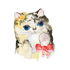 Cute cat with a bow on his paw and a wreath of roses on his ear. Watercolor illustration.