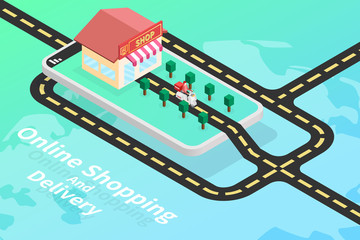 Online shopping and delivery isometric vector, Shop or store and motorbike on the mobile phone screen with road, World map background, marketing and digital marketing and delivery concept, New normal.