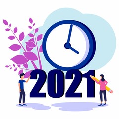 Vector illustration of people welcoming New Year, involved in decoration, New Year 2021 writing.