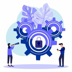 Vector illustration of security icon abstract, padlock closed between gears, data protection concept.