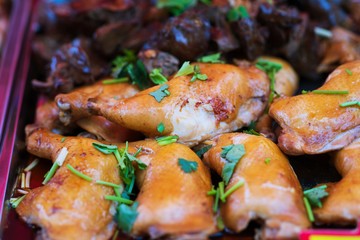 Close up of Boiled Chicken with Fish Sause thai street food market