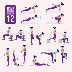 home workout set. Set of sport exercises. Exercises with free weight.Illustration of an active lifestyle. Woman doing fitness and yoga exercises