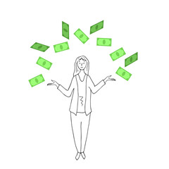 Woman and banknotes, dollars. Vector illustration.
