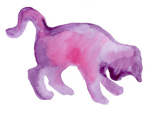 Watercolor silhouette of purple and pink kitten playing isolated on white background.  