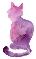 Watercolor silhouette of purple and pink cat looking left isolated on white background.  
