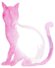 Watercolor  artistic scketch silhouette of  pink cat isolated on white background.  