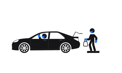 Curb Side Delivery vector illustration of essential worker wearing mask and gloves place item into the trunk of a person’s car, with driver wearing mask and gloves looking in the rear-view mirror.