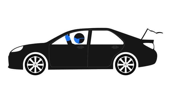 Person In Car With Mask And Gloves Looking In Rear View Mirror Vector Element For Curbside Pickup Illustration. 