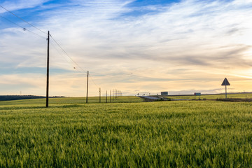 Green fields with power poles and a road during the sundown in Spain