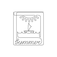 Continuous line drawing. Summer snapshot. Ship, sea and sun black isolated on white background. Hand drawn vector illustration. 