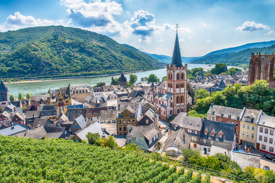 View from above Bacharach, Germany, overlooking the Rhine River.