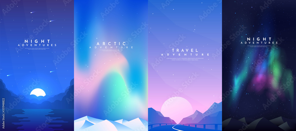 Poster vector abstract background set. minimalist style. flat concept. 4 landscapes collection. clouds by t