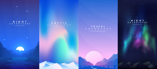 Vector abstract background set. Minimalist style. Flat concept. 4 landscapes collection. Clouds by the water, road between mountains, aurora in the Arctic, night boreal. Cover template. UI design.  - obrazy, fototapety, plakaty