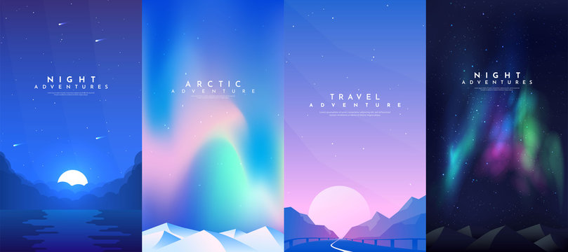 Vector abstract background set. Minimalist style. Flat concept. 4 landscapes collection. Clouds by the water, road between mountains, aurora in the Arctic, night boreal. Cover template. UI design. 