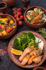 Hospitable Georgian cuisine. Set with delicious food on ethnic plates