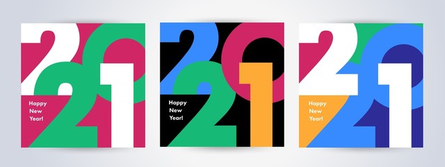 Creative concept of 2021 Happy New Year posters set. Design templates with typography logo 2021 for celebration and season decoration. Minimalistic trendy backgrounds for branding, banner, cover, card