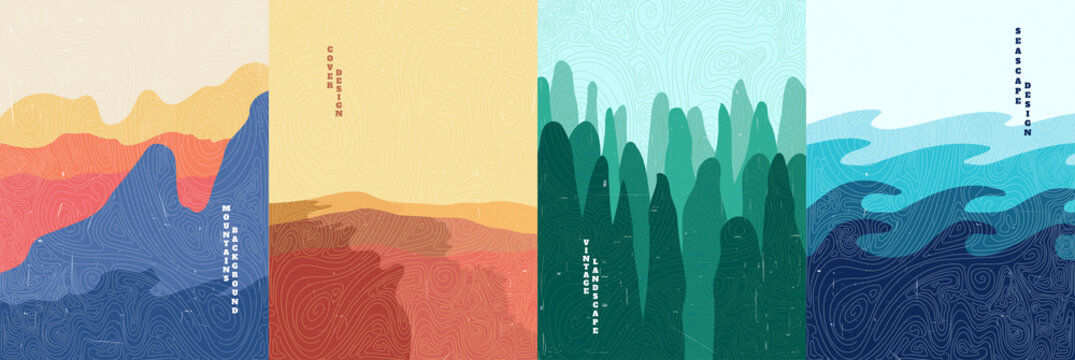 Vector illustration landscape. Wood surface texture. Mountains, desert, forest, sea. Japanese wave pattern. Mountain background. Asian style. Design for poster, book cover, web template, brochure.
