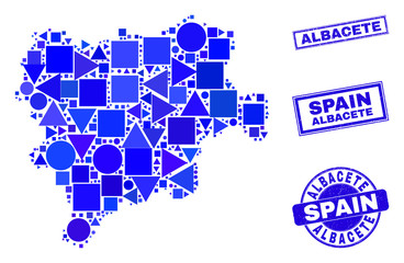 Vector mosaic Albacete Province map. Geographic scheme in blue color shades, and dirty round and rectangle seals. Abstract mosaic of Albacete Province map designed of round, triangles,