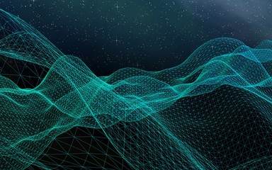Abstract landscape on a dark background. Cyberspace grid. hi tech network. Outer space. Starry outer space texture. 3D illustration © Plastic man
