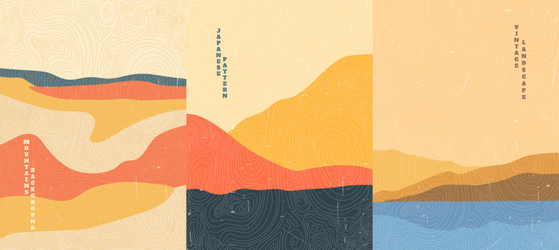 Vector illustration landscape. Wood surface texture. Japanese wave pattern. Mountain background. Asian style. Sunset scene. Sea backdrop. Design for poster, book cover, web template, brochure.