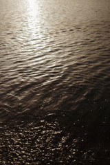 The rays of the sun on the calm surface of the ocean. Glare and drops on the water. Dark background