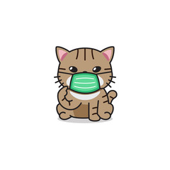 Cartoon character tabby cat wearing protective face mask for design.