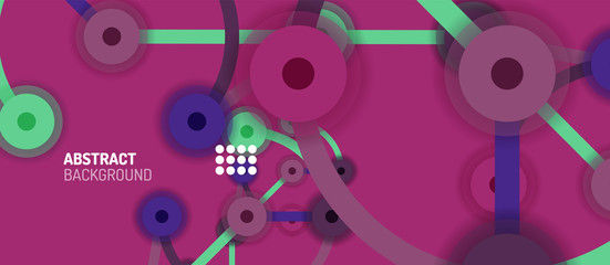 Flat style geometric abstract background, round dots or circle connections on color background. Technology network concept.