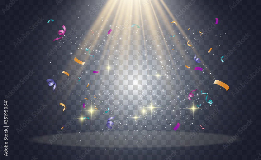 Poster Lots of colorful tiny confetti and ribbons on transparent background. Festive event and party. Multicolor background.Colorful bright confetti isolated on transparent background