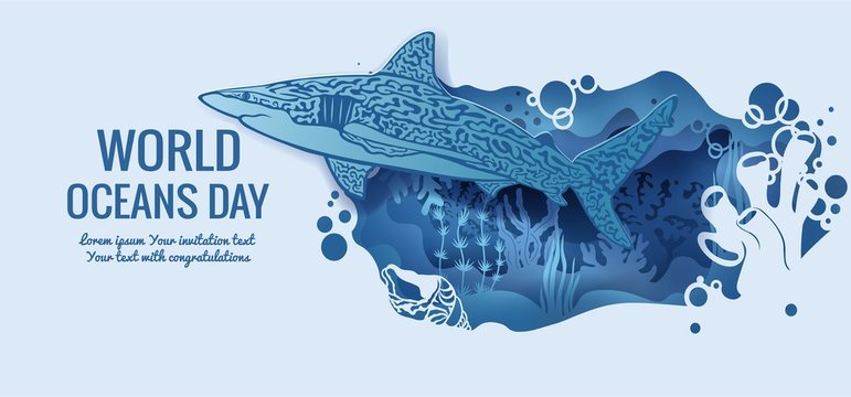 Text - world ocean day. shark. template for making a postcard. vector image for laser cutting and plotter printing. fauna with marine animals....