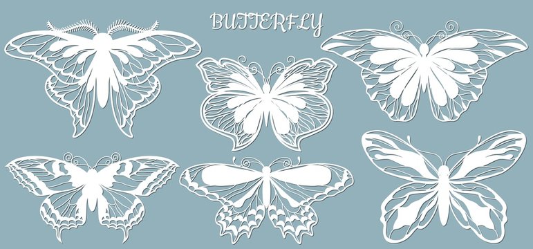 Image with the inscription-butterfly. Set. Template with vector illustration of butterflies. For laser cutting, plotter and silkscreen printing.