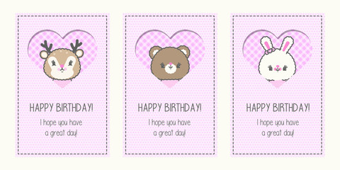 Obraz na płótnie Canvas Three cute kawaii pink birthday cards