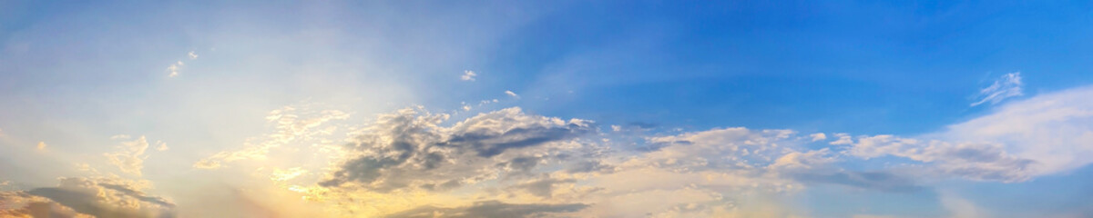 Blue sky panorama with cloud on a sunny day. Beautiful 180 degree panoramic image.