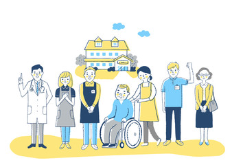 介護施設　車椅子のおじいちゃんと介護スタッフ