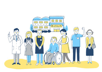 介護施設　車椅子のおじいちゃんと介護スタッフ