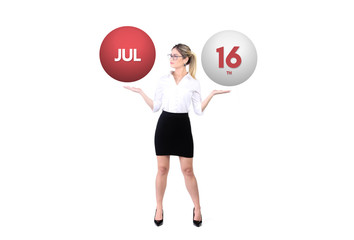 Fototapeta na wymiar July 16th calendar background. Day 16 of jul month. Business woman holding 3d spheres. Modern concept.