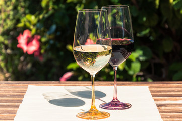 A glass of white and red wine stand on a linen tablecloth on a wooden table on a blurred background of a green bush with red flowers