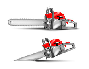 red professional chainsaw on a white background.