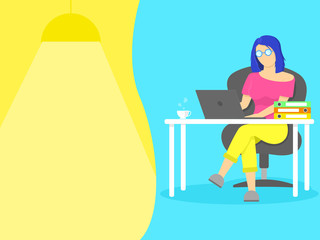 Work from home, Home office, study from home concept. Woman wear glasses siting on chair and working on laptop.