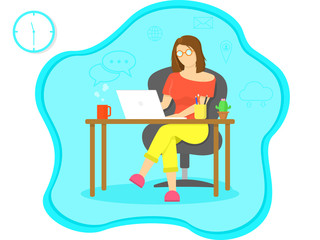 Work from home, Home office, study from home concept. Woman wear glasses siting on chair and working on laptop.