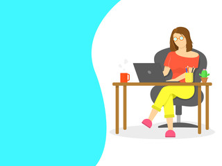 Work from home, Home office, study from home concept. Woman wear glasses siting on chair and working on laptop with copy space.