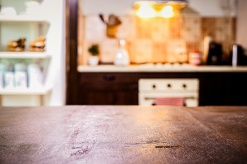 blurred kitchen interior and desk space home background