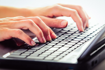 Close up of female hands working on a laptop.