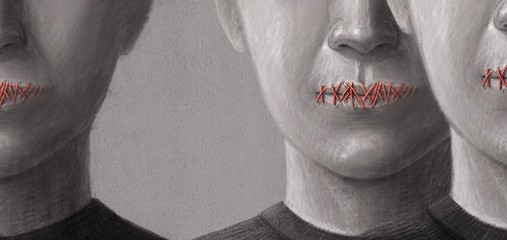 Concept of freedom speech or censored. surreal painting, horror