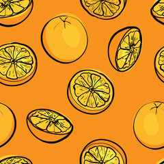 Seamless pattern with black outline fruit citrus, lemon on orange color  background. Doodle style. Hand drawn. For wrapping paper, kitchen design. Vector stock illustration.