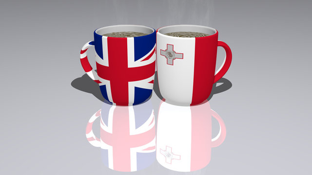 UNITED KINGDOM AND MALTA relationship shown by national flags over coffee cups on mirror floor as editorial and commercial image