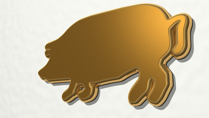 pig on the wall. 3D illustration of metallic sculpture over a white background with mild texture
