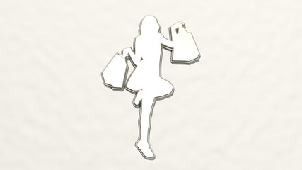 WOMAN FROM SHOPPING made by 3D illustration of a shiny metallic sculpture on a wall with light background