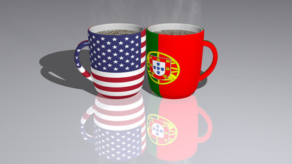 UNITED STATES OF AMERICA AND PORTUGAL placed on a cup of hot coffee in a 3D illustration mirrored on the floor with a realistic
