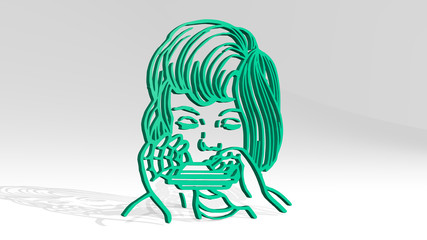 GIRL PLAYING HARMONICA from a perspective on the wall. A thick sculpture made of metallic materials of 3D rendering